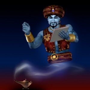 Genie with writing-pad.